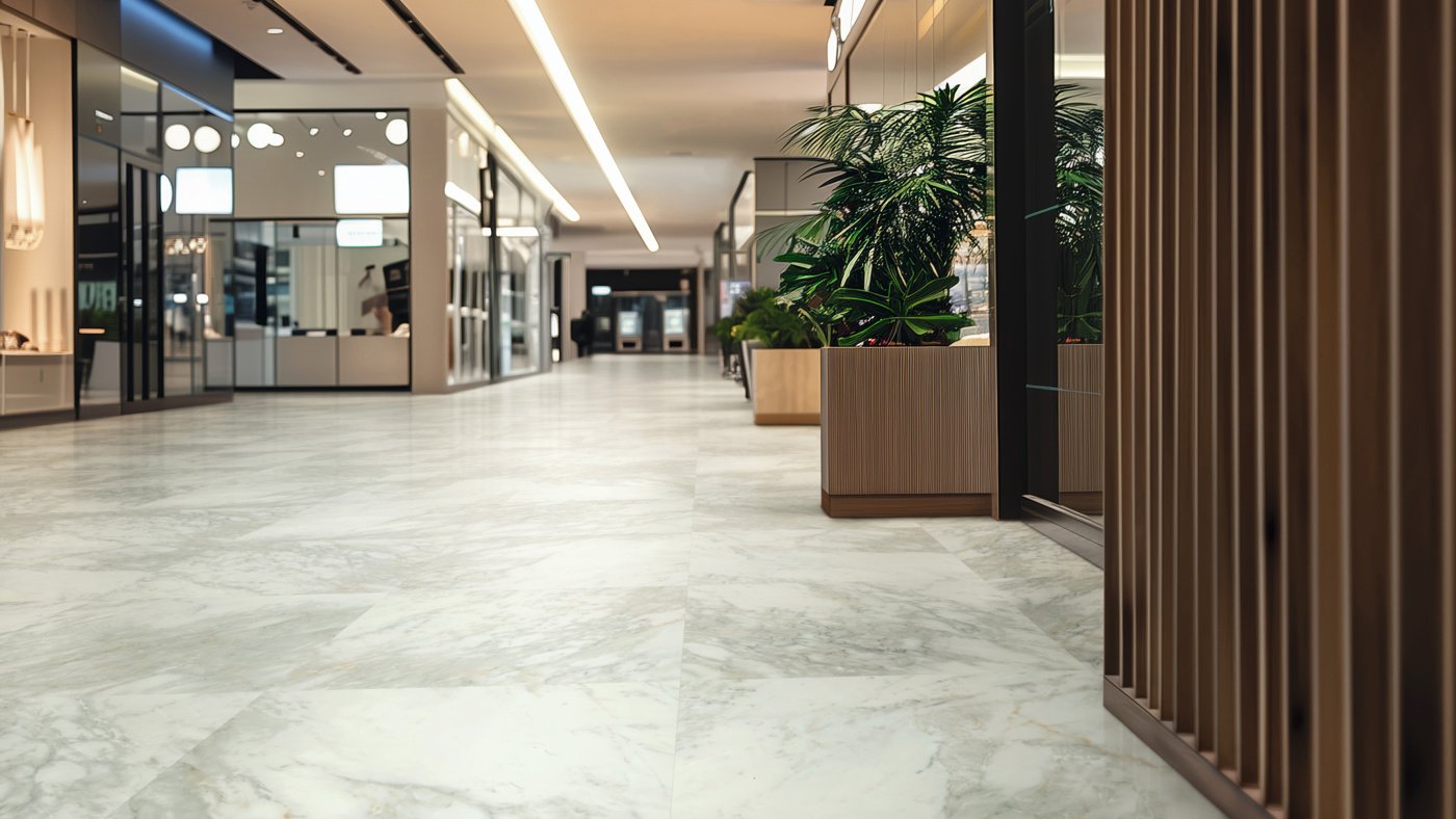 Silano Marble gluedown lvt is easy to clean and adds luxury to a retail shopping mall