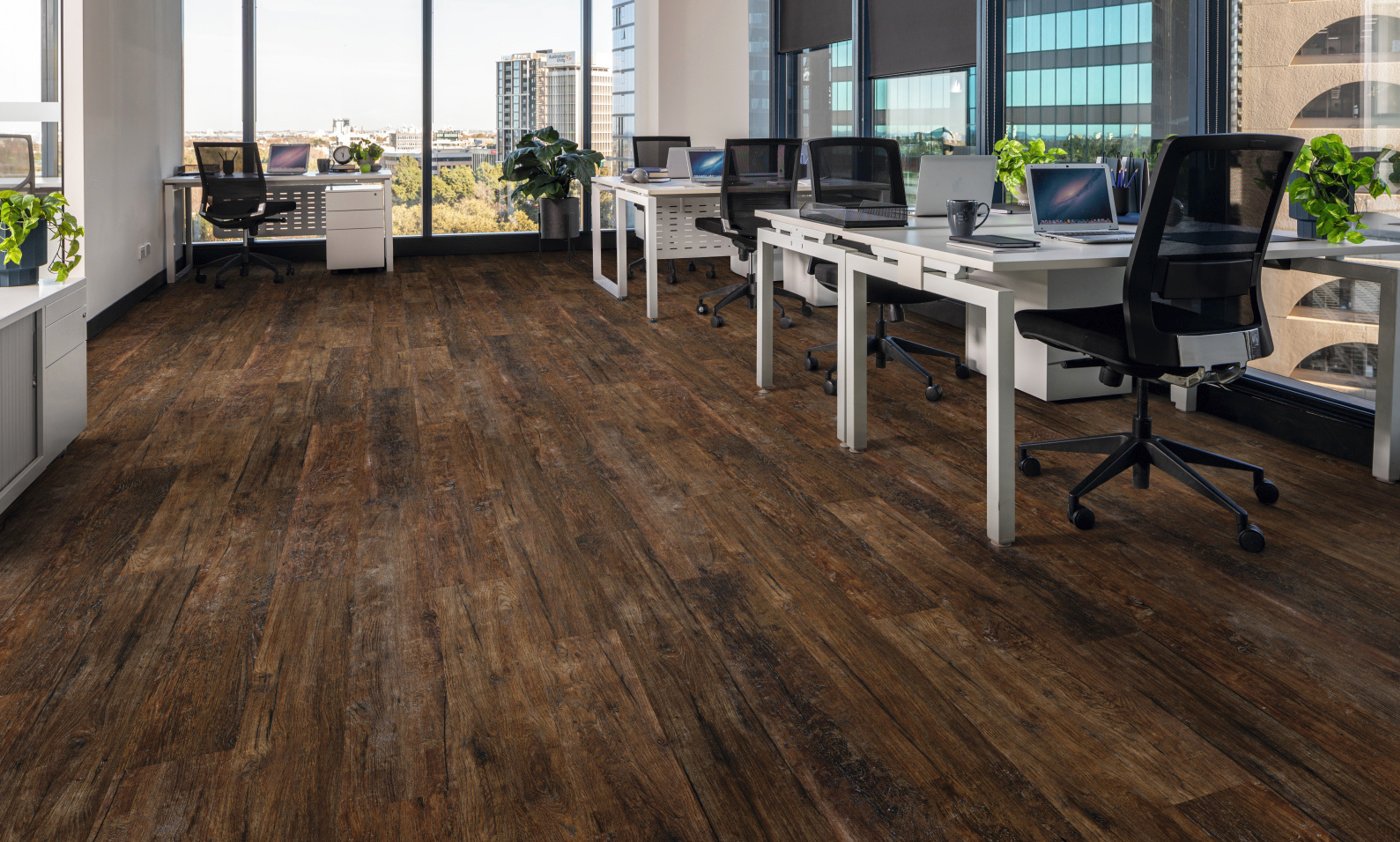 Medina Weathered Oak rigid core floors in an office; from the Korlok Reserve collection