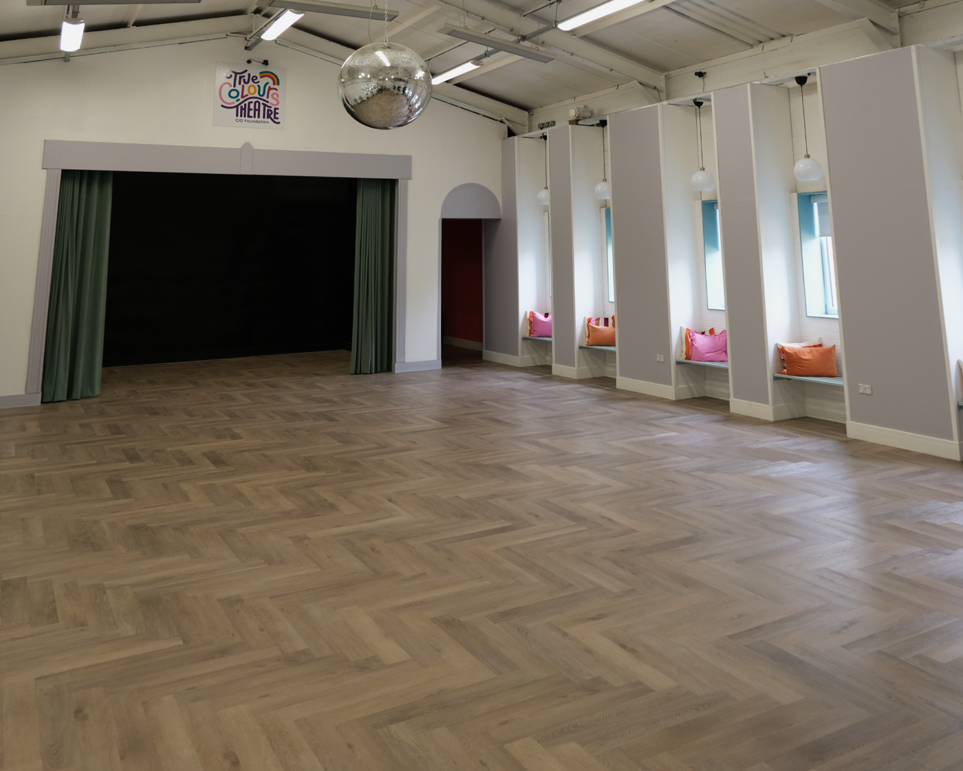 Karndean Commercial Korlok Regent Primorse Oak herringbone wood LVT flooring in True Colours, performing arts school in Wallsend, North Tyneside.