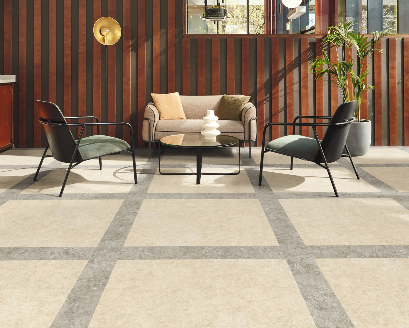 Karndean Designflooring Knight Tile Lunar Limestone and Natural Limestone LVT stone flooring in a living room