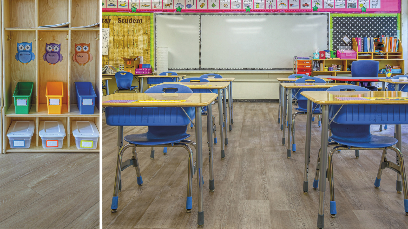 Classroom and cubbies at St. Edmund's Academy that feature Magna WP413 lvt floors from the Opus collection