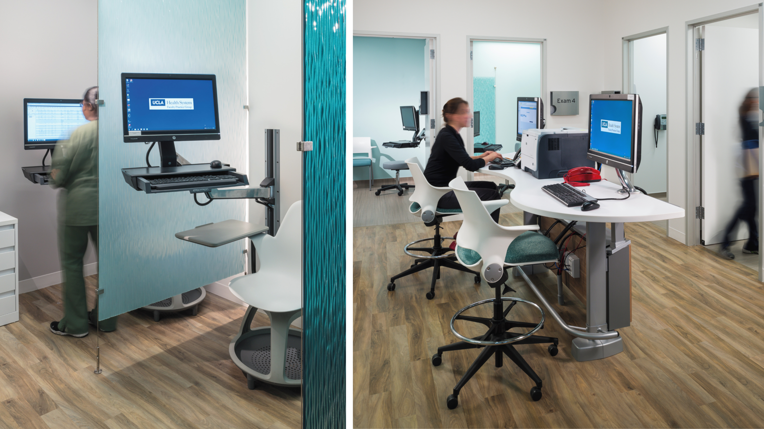 Weathered Elm floors add warmth to patient and staff areas in the UCLA Medical Clinic