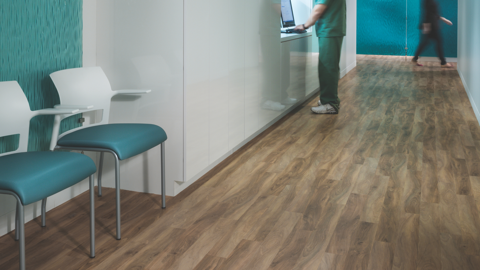 Weathered Elm floors from the Opus collection in a hallway at the UCLA Medical Clinic