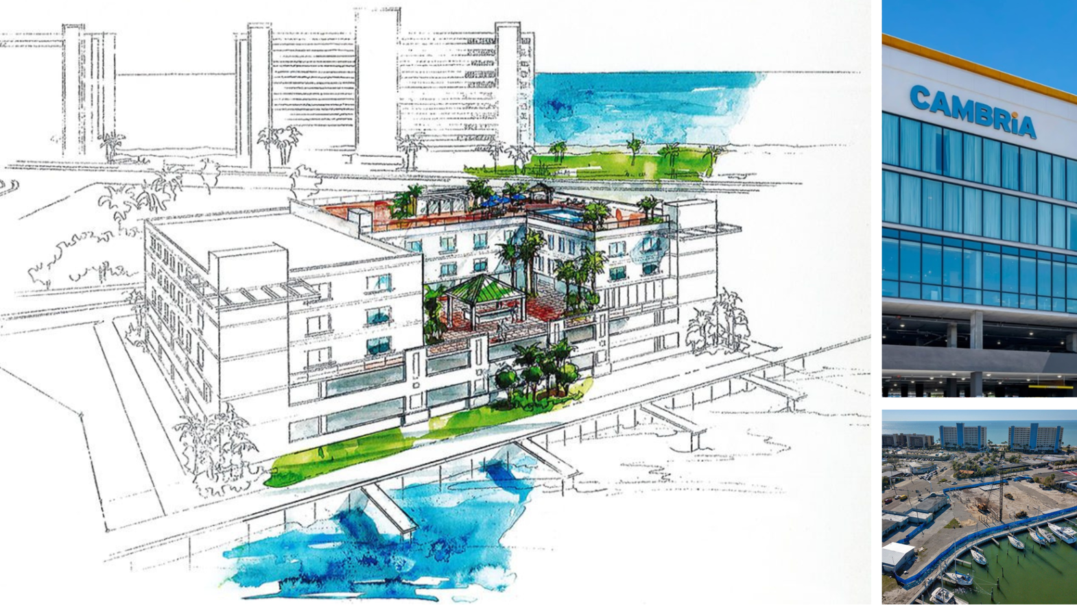 Rendering and final build of the Cambria Hotel in Madeira Beach, Florida