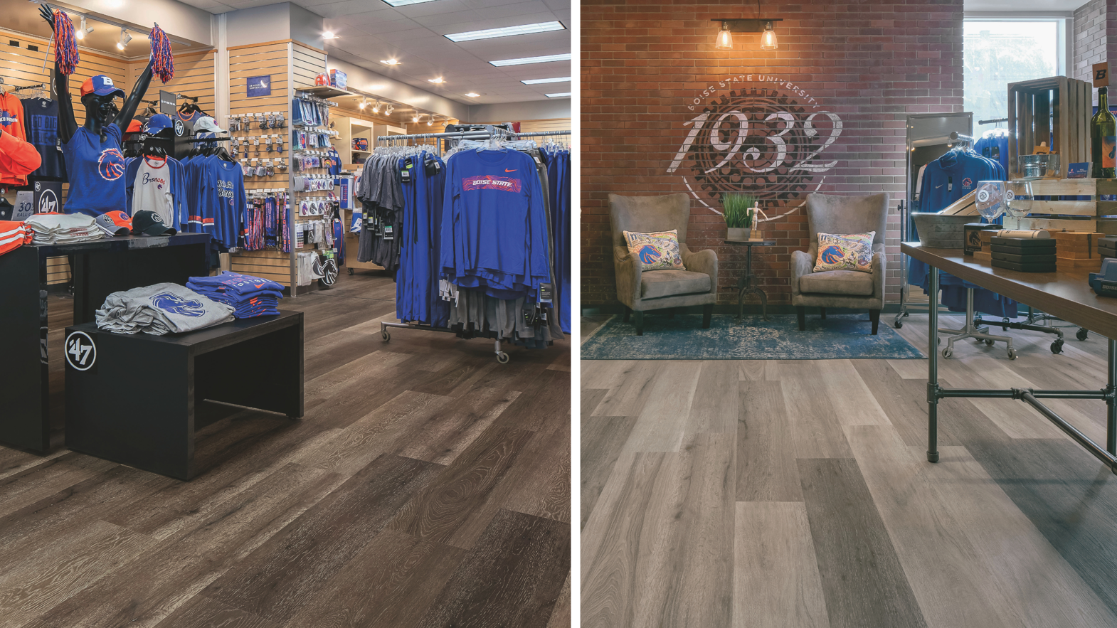 Washed Velvet Ash (pictured left) and Washed Grey Ash (pictured right) lvt floors in the rennovated Bronco Shop at Boise State University