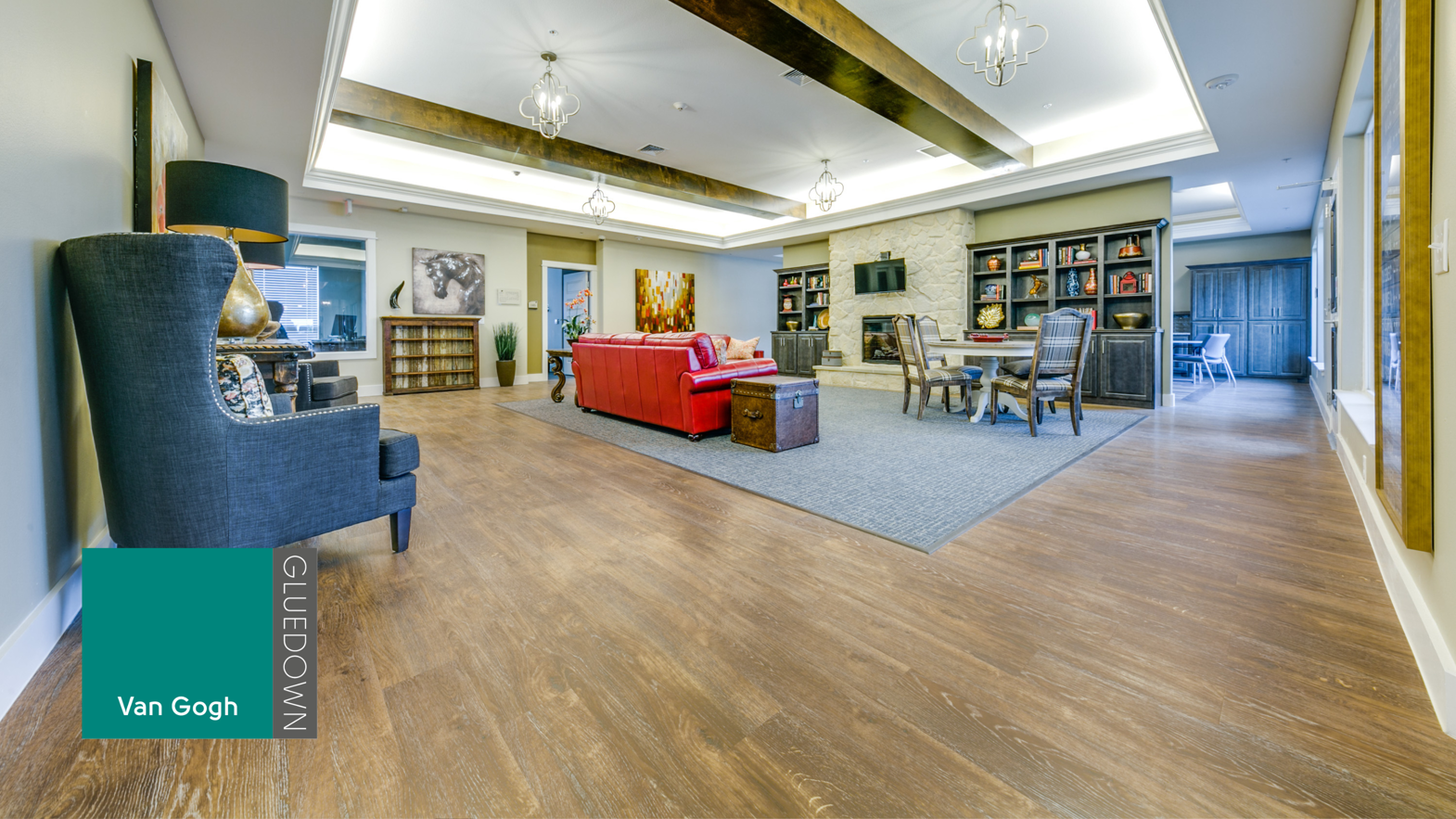 Seating area with Honey Oak VGW94T floors at Civitas Senior Living