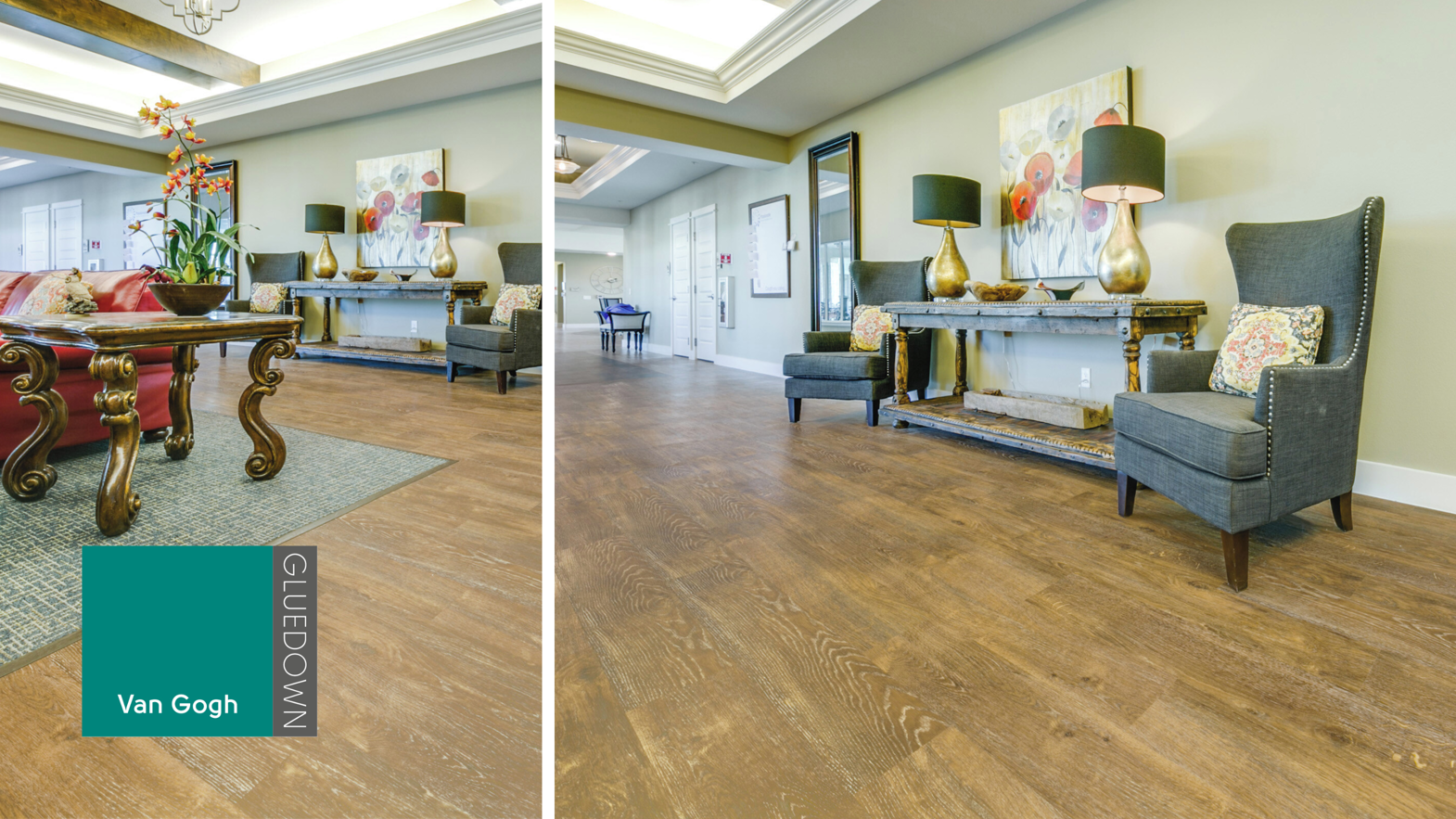 Honey Oak VGW94T floors in a hall and seating area at Civitas Senior Living
