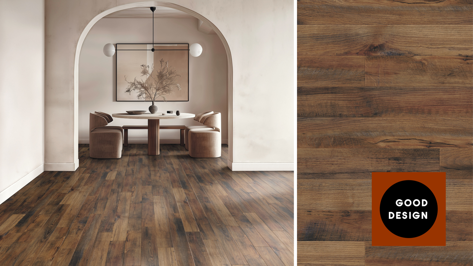 Blended Oak (RL50 | AKP-RL50) in a dining room with the Good Design logo