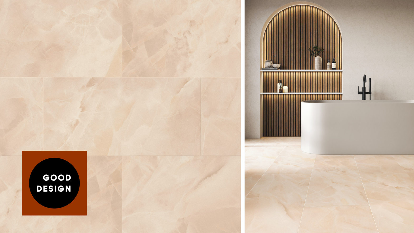 Rose Onyx (LM36 | AKT-LM36) in a bathroom with the Good Design logo