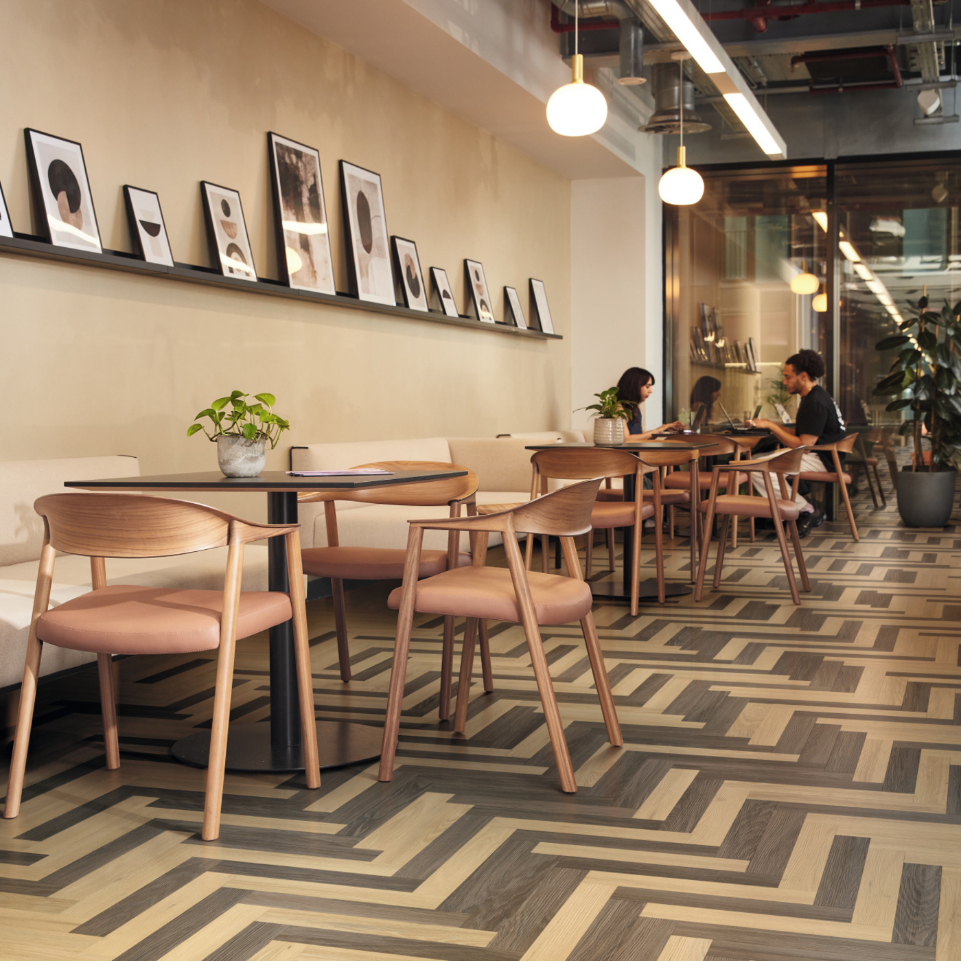 Wells Acacia and Cocoa Limed Oak knight tile flooring laid in a herringbone pattern