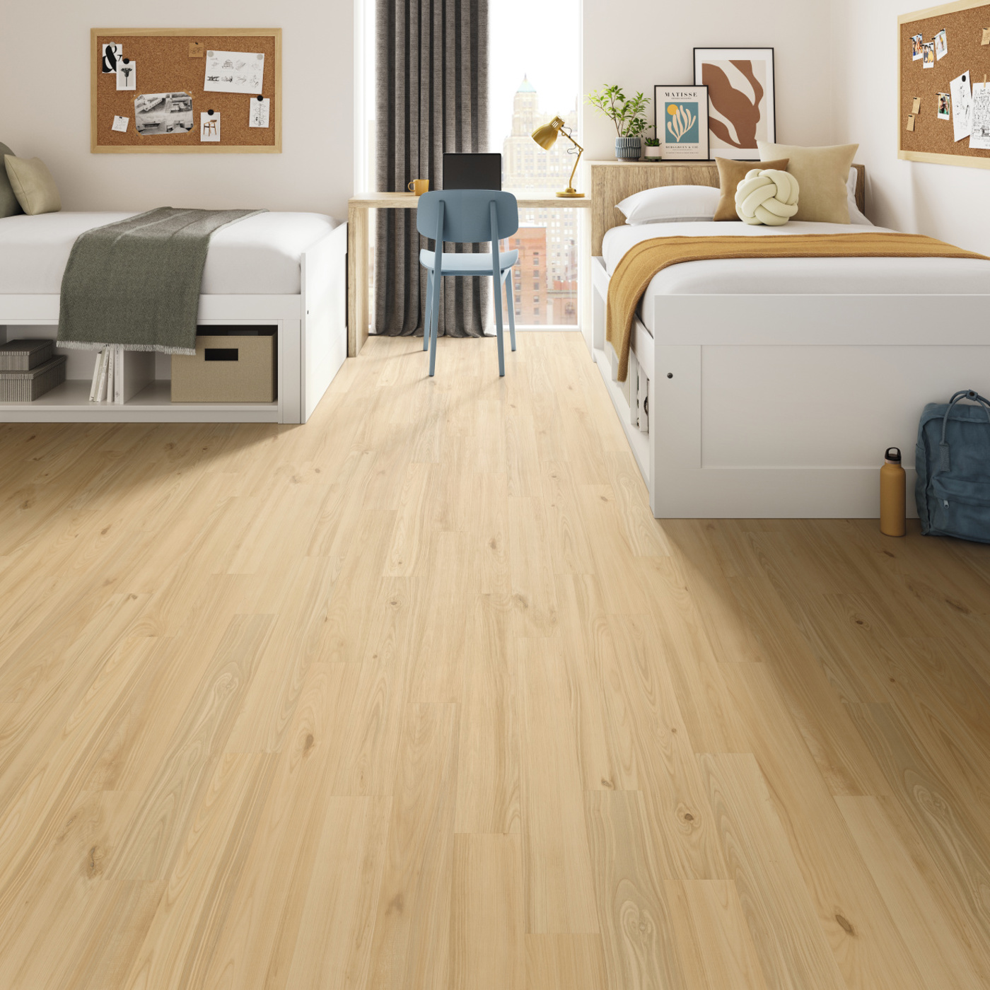 Meadow Cherry luxury vinyl planks in a college dorm, avialable for installation in gluedown or rigid core
