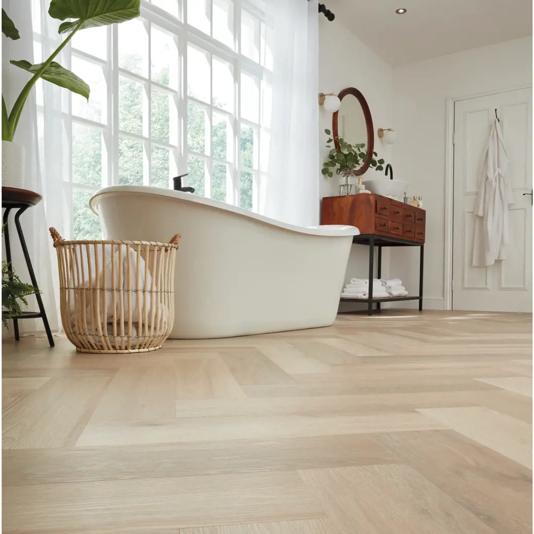 Texas white ash Click locking herringbone LVT flooring in a bathroom by Palio Express