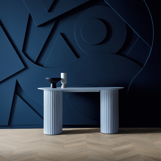 Kensington oak small chevron flooring next to a feature wall